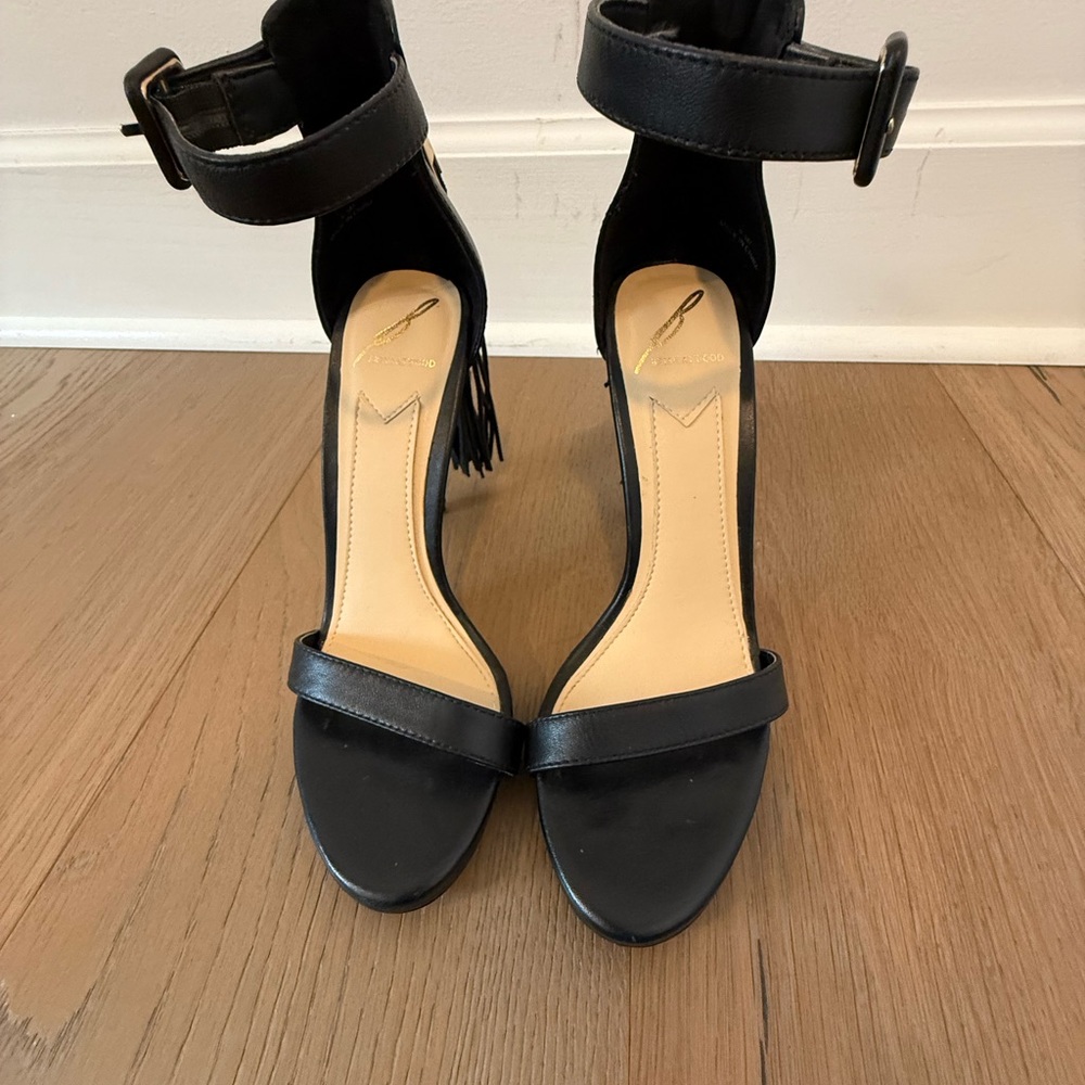 Brian Atwood Tosca Tassel Black Ankle Strap Women's Sandals
